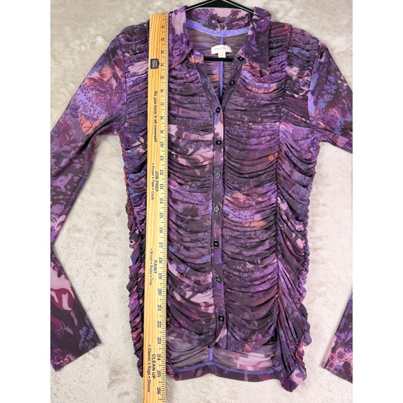 Pilcro Anthropologie Ruched Mesh Floral Print Button Down Top Purple Size Small - Picture 9 of 12